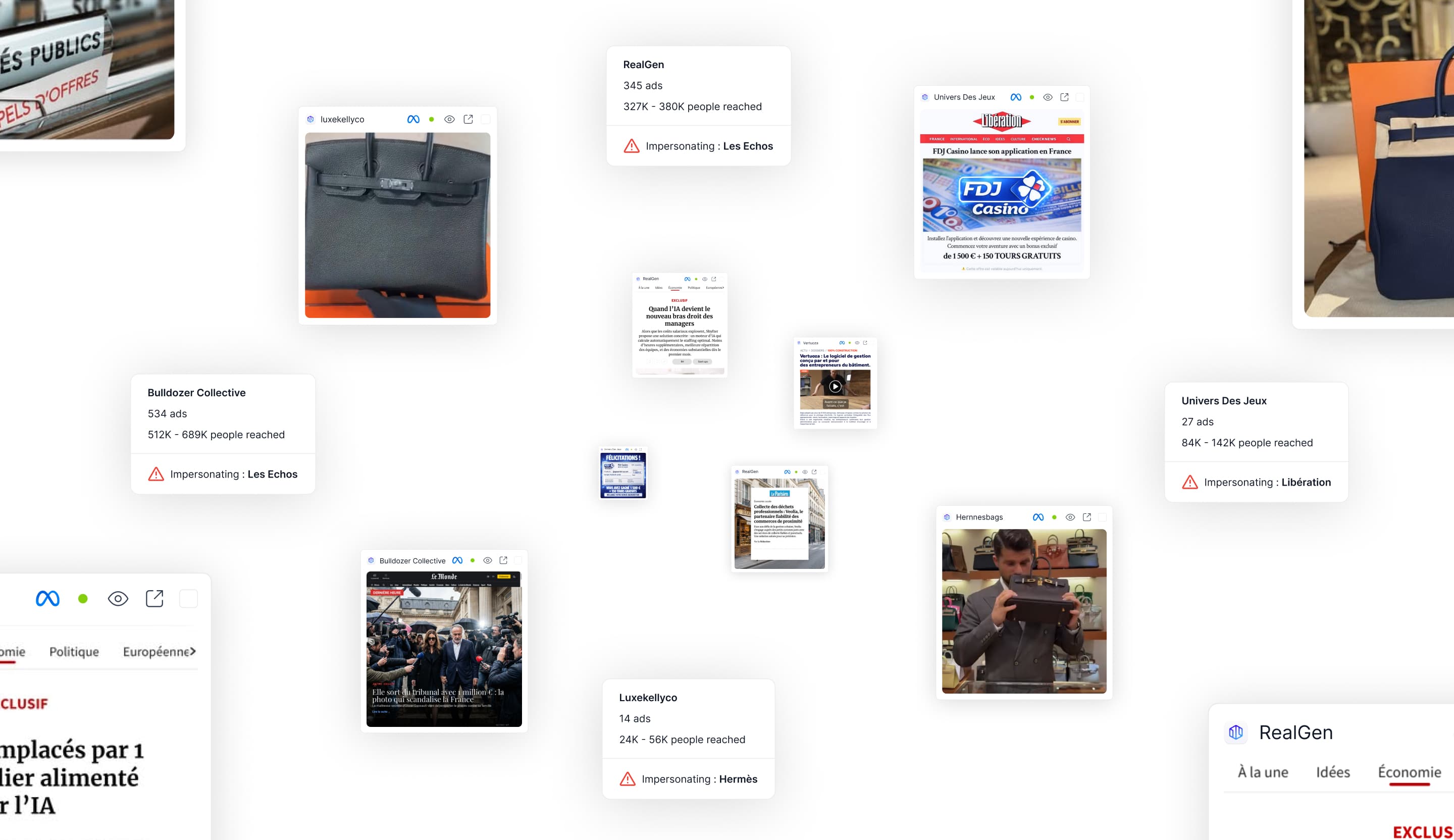 Integrity : collage d'alertes d'usurpation de marque sur Meta.